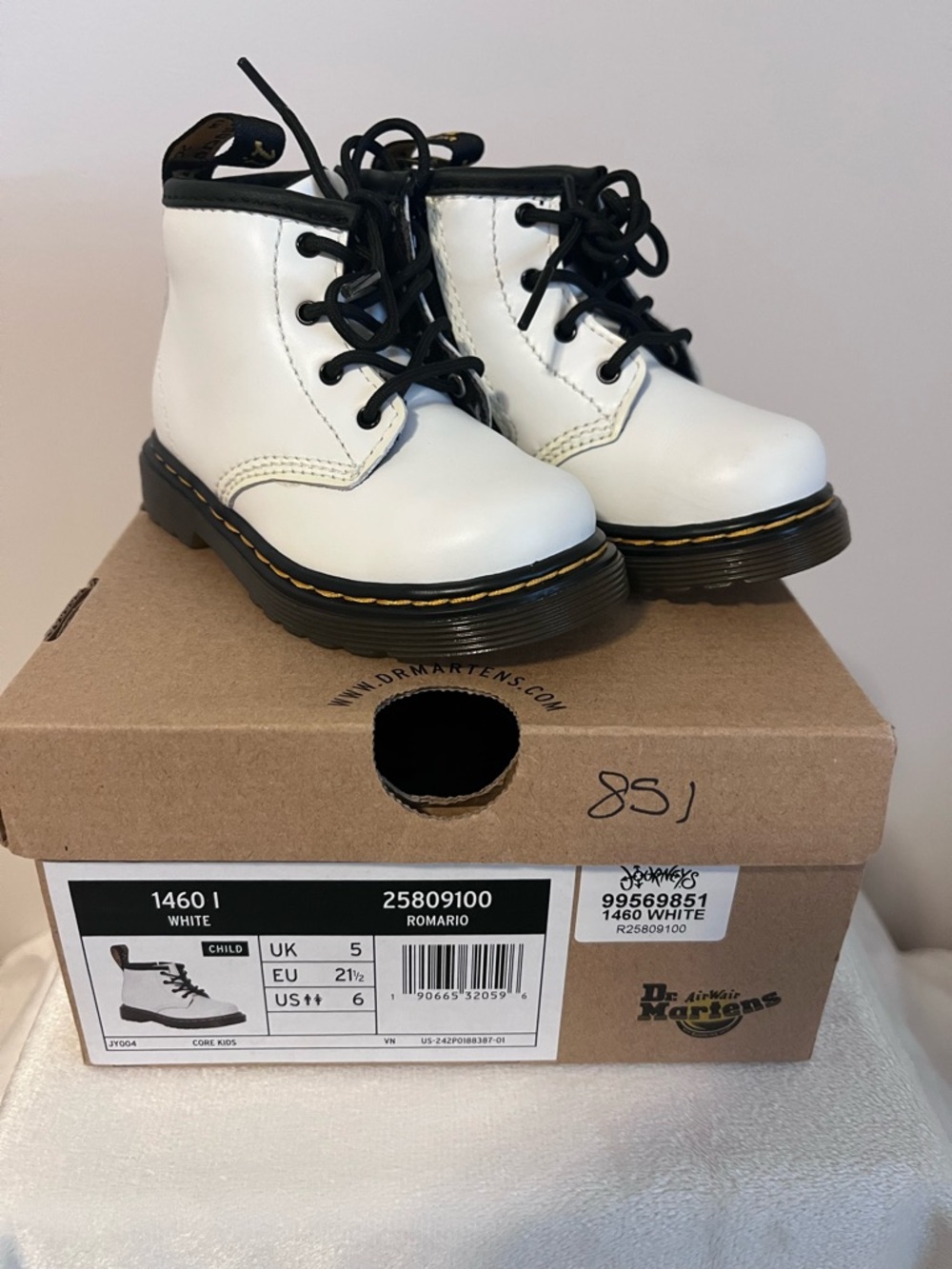 Dr. Martens White Leather Lace-Up Kids Boots with Black Laces